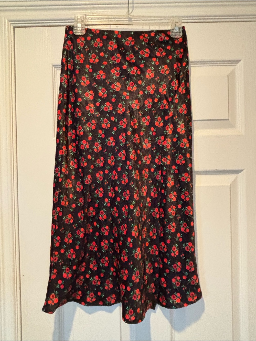 Blue Rain Black Midi Skirt with Red Floral Print